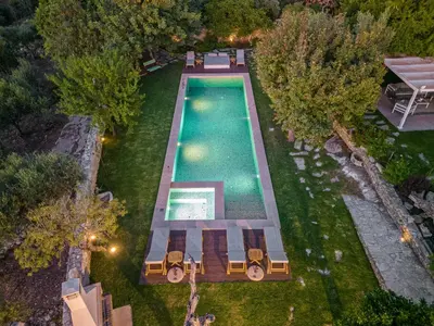 an overhead view of a swimming pool in a backyard at Athermigo Boutique Estate in Gavalochori