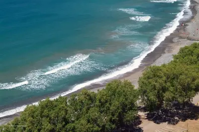 an aerial view of a beach with trees and the ocean at Niriida in Sfinárion