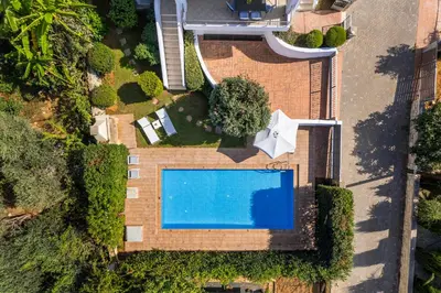 an overhead view of a swimming pool in a yard at Villa Katerina with Private Pool in Chania Town