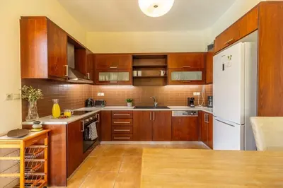 a kitchen with wooden cabinets and a white refrigerator at Villa Nimertis in Xirokámbion