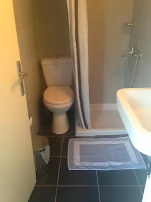 a bathroom with a toilet and a sink and a shower at Sofia Rooms in Loutro