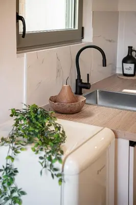 a kitchen counter with a sink and a plant at Casa 28 City Apartments in Chania Town