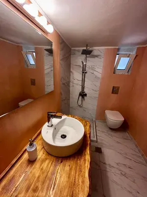 a bathroom with a sink and a toilet at Sophia's Smile in Kounoupidhianá