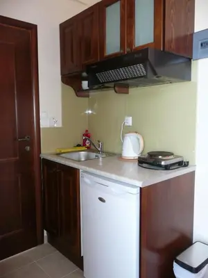 a small kitchen with a sink and a microwave at Corali Studios in Palaiochóra