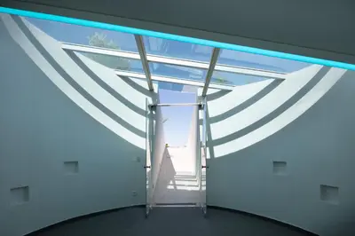 a large window in a room with a stairway at Villa St John - Wellness & Entertainment by etouri in Chania Town