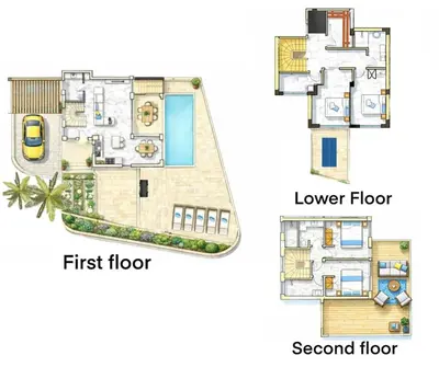 a floor plan of a villa with first floor and second floor at Luxury Sunset Villa with Private Pool & Sea Views in Kalyves