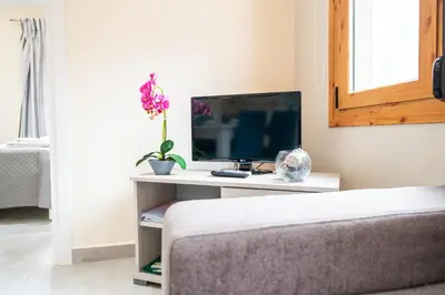 a bedroom with a desk with a computer monitor on it at Aspro Apartments in Koprána