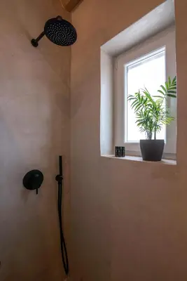 a shower in a bathroom with a window and a plant at Christini Secrets in Plátanos