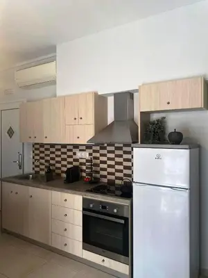 a kitchen with a stove and a white refrigerator at Kidonias apartment in Chania Town