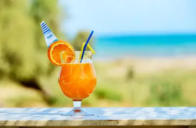 a glass of orange juice sitting on a table at Andy's Gardens in Gerani Chanion