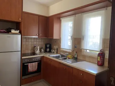 a kitchen with wooden cabinets and a sink and a refrigerator at Villa Elias & Casseiopia in Chania Town