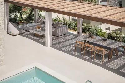 an overhead view of a patio with a table and chairs at Villa Iocaste - With private pool and EV station in Chania Town