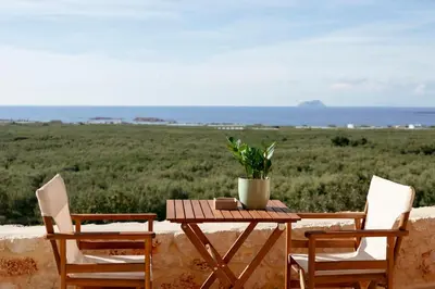a wooden table with two chairs and a potted plant at Anadia Luxury Pocket Villa Infinite Sea View in Falasarna