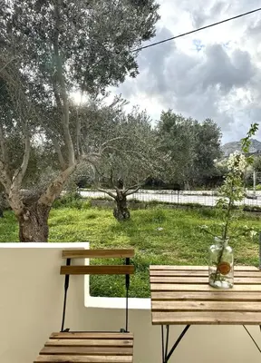 two benches sitting in front of a window at Serenity Living in Palaiochóra