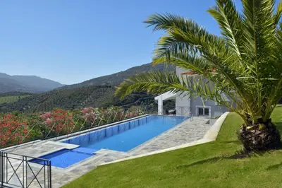 a swimming pool with a palm tree next to a house at Villa Raks in Kántanos