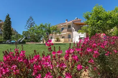 a house with pink flowers in front of it at VILLA APELLA - PRIVATE HEATED POOL in Nohia