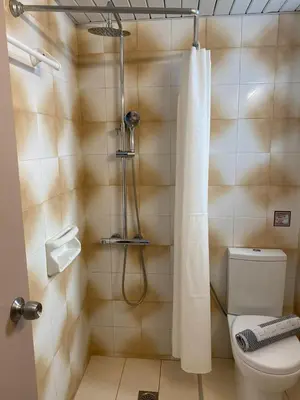 a bathroom with a shower with a toilet and a shower curtain at Studios George in Palaiochóra