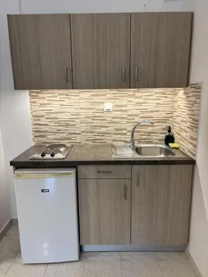 a kitchen with a sink and a dishwasher at Studios George in Palaiochóra