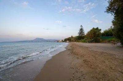 a sandy beach with a tree on the shore at The Seaside Villa in Chania Town