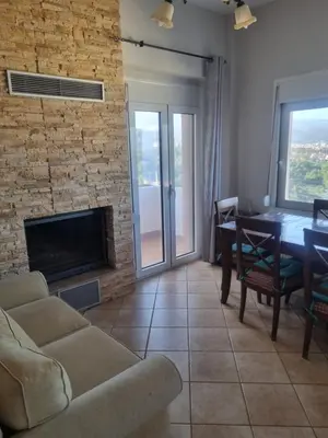 a living room with a couch and a fireplace at Villa Nancy in Chania Town