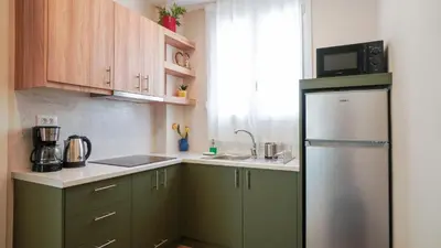 a small kitchen with green cabinets and a refrigerator at Odyssey Residences 2 in Chania Town