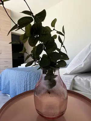 a glass vase with a plant in it on a table at Karamela Apartment in Kambánion