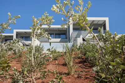 an external view of a building with plants in the foreground at Punto De Vista Luxury Villas in Korakiaí