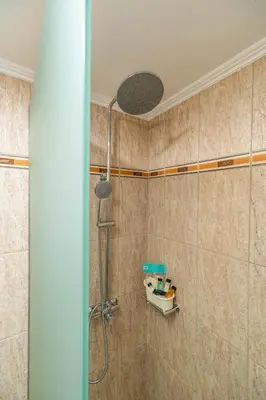 a bathroom with a shower with a glass door at Ampelos in Perivólia