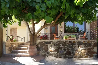 a tree in front of a stone wall with stairs at VALENA STYLISH HOME (15 min TO ELAFONISI BEACH) in Élos