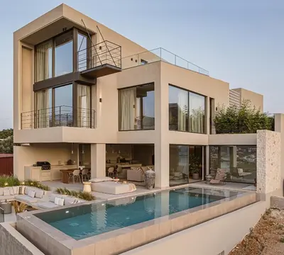 an image of a house with a swimming pool at Villa Albero - Sea View Escape in Souda