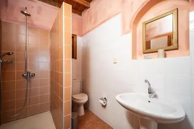 a bathroom with a sink and a toilet and a shower at BABIS & POPI APARTMENTS in Frangokastello