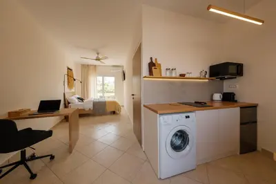 a kitchen with a washing machine in a room at El Chacha Studio in Galatás