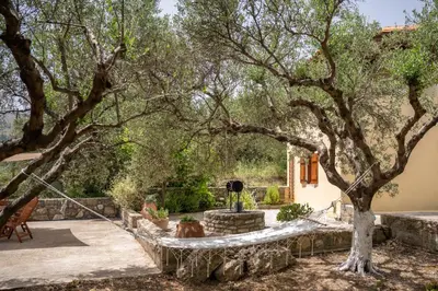 a garden with a tree and a fountain at liofito village house in Pemónia