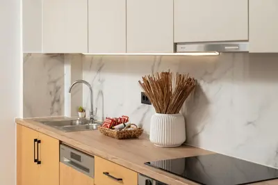 a kitchen counter with a sink and a vase with sticks at Elia City Apartments in Chania Town
