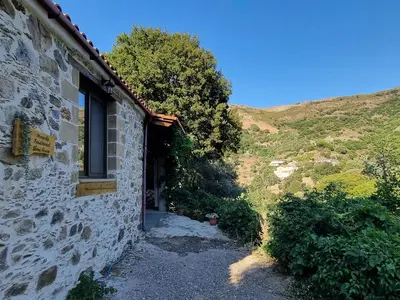 a stone building with a window on the side at Mesavlia Traditional Stone House in Mesávlia