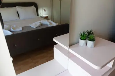 a bedroom with a bed and two plants in a mirror at Κidonias home in Chania Town