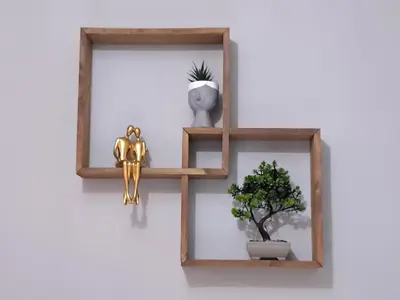 a wooden shelf with two potted plants on a wall at Poppy Beloni in Chania Town