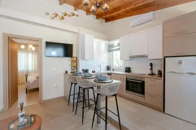 a kitchen with white cabinets and a white refrigerator at Villa Noelia in Rogdhiá