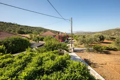 a view of a garden with bushes and trees at Manolis Stone House Villa in Mouríon