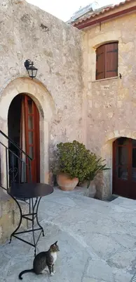 a cat sitting next to a table in front of a building at Charmante maison crétoise à Embrosneros in Embrósneros