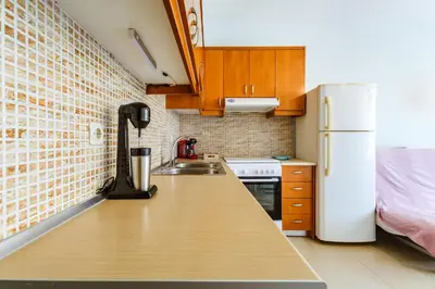 a kitchen with a counter and a refrigerator at Ferenikis apartment in Chania Town