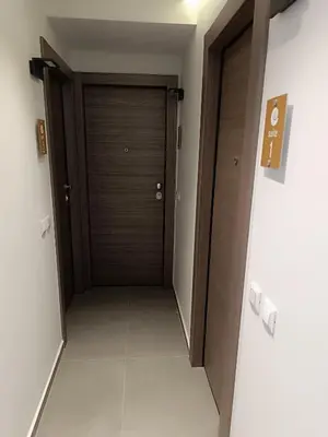 a hallway with a wooden door in a building at Sandy Suite 2 in Agia Marina Nea Kydonias