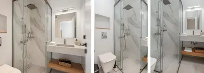 two pictures of a bathroom with a shower and a sink at Nemia Luxury Residence in Chania Town
