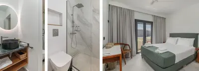 two pictures of a hotel room with a bed and a shower at Nemia Luxury Residence in Chania Town