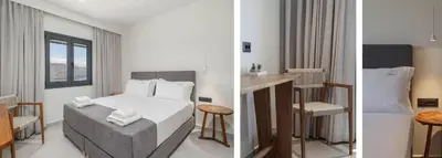 two pictures of a bedroom with a bed and a bar at Nemia Luxury Residence in Chania Town