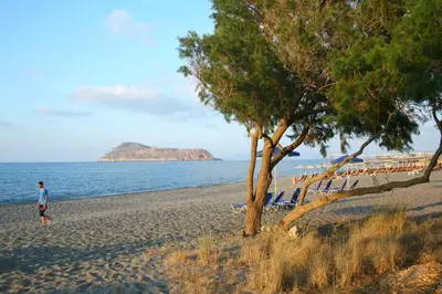 a man walking on a beach with a tree at Proimos Maisonnettes in Plataniás