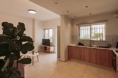 a kitchen with a sink and a table and a plant at Cozy Living Apartments Chania close to the beach in Chania Town