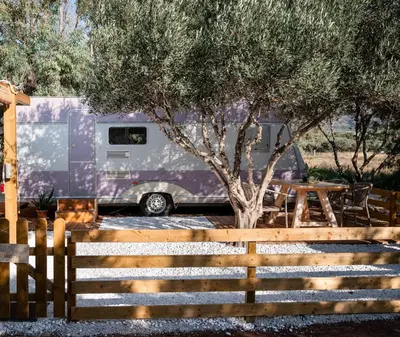 a caravan parked next to a table and a tree at Falasarna Caravans in Falasarna