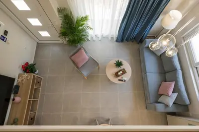 an overhead view of a living room in a house at Eranthis Apartment in Chania Town