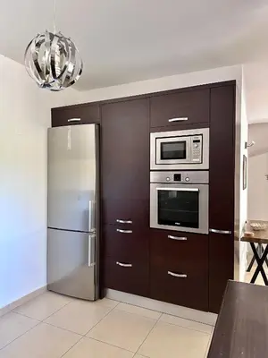 a kitchen with a stainless steel refrigerator and a microwave at Ammos Family Villa in Daratso